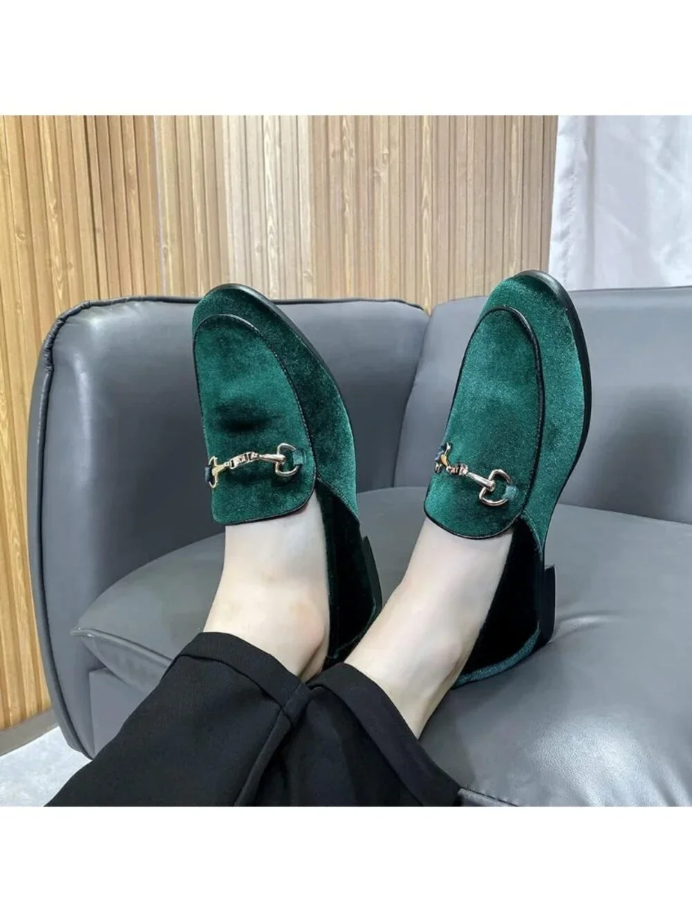 LCQL Men's Green Leather Velvet Loafer Gold Buckle Slip On Comfortable Shoes